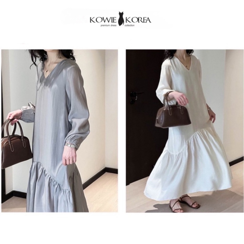 Kowie Korea ( 418 ) Shiny เดรสยาวแขนยาวผ้าเงาสีเทา สีขาว ชุดออกงาน ชุดเรียบหรู