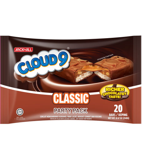 Cloud 9 Classic Party Packช็อกโกแลตมินิสอดไส้คาราเมล นูกัตเนื้อนุ่มและถั่ว 1 ห่อ มี 20 ชิ้น น้ำหนัก 240 กรัม BB.25/07/25