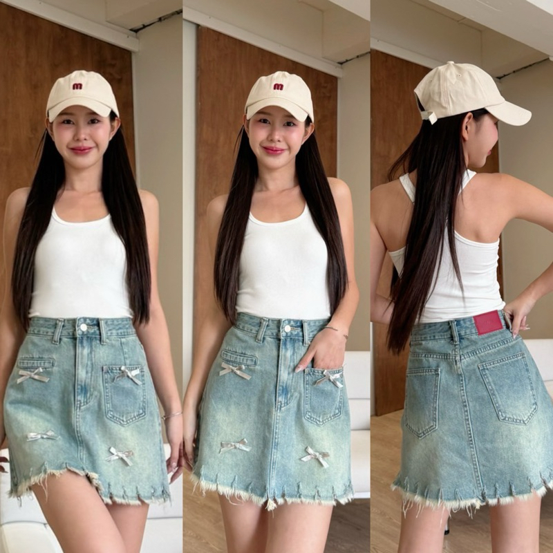 กระโปรงยีนส์ทรงเอ แต่งงานโบว์แบบเย็บติด ผ้าไม่ยืด #YME21625