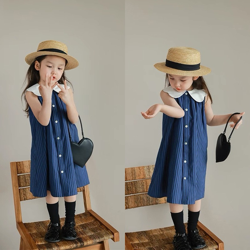 พร้อมส่ง AMA-017 ชุดกระโปรงเด็กผู้หญิง สีน้ำเงินตัดกับคอเสื้อสีขาว