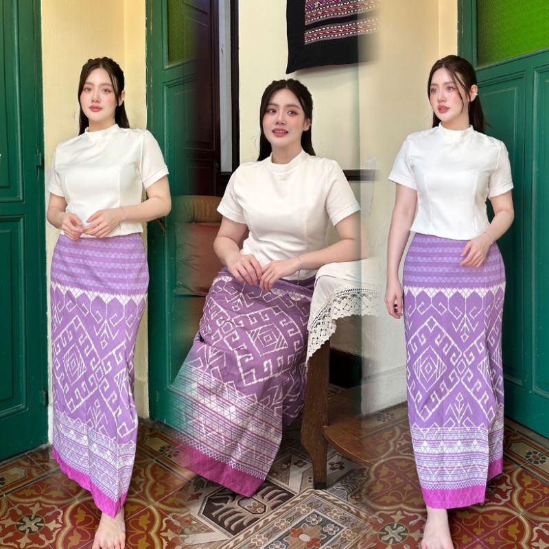 Ladymaria | XL-5XL ชุดผ้าไทยสีม่วง เสื้อขาว+กระโปรงลายไทยสีม่วงอมชมพู สอบถามสต๊อคก่อนกดสั่งซื้อ