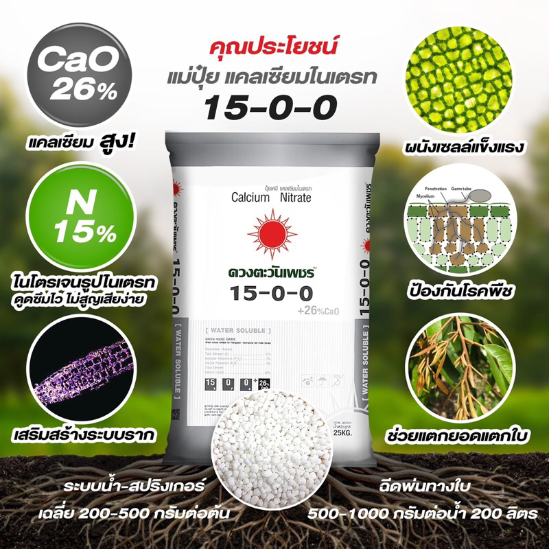 15-0-0 แคลเซียมไนเตรดจากดวงตะวันเพชร25กก./กระสอบ