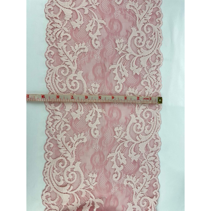 ลูกไม้ตกแต่ง ลูกไม้สีชมพู ผ้ายืด นิ่ม กว้าง 8.5 นิ้ว เมตรละ 50฿ - รูปที่ 2