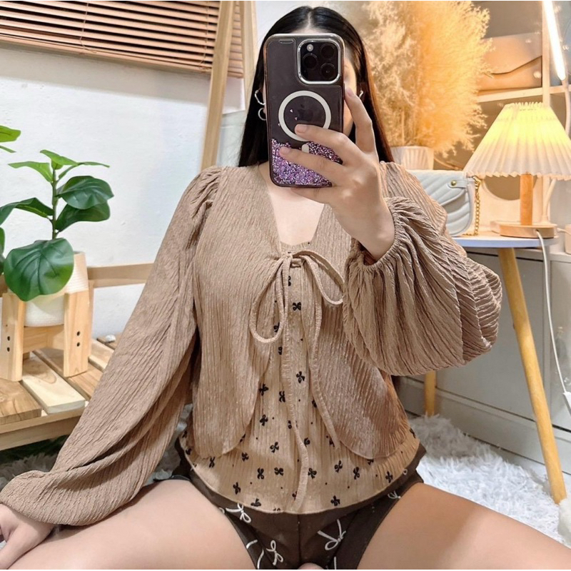 024 เสื้อสาวอวบทูโทน พิมพ์โบว์ แขนบอลลูน อก 32-42