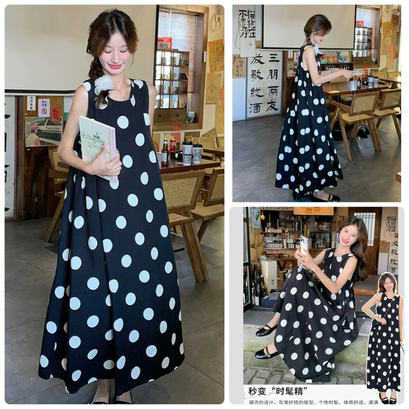 เดรสยาว แขนกุด ลายจุดสีดำ ป้าย YPY