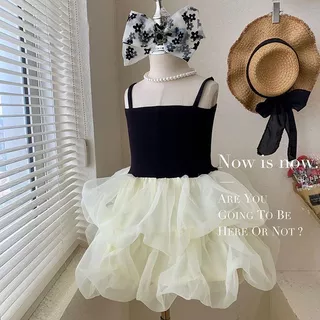 (พร้อมส่ง) เดรสเด็กผู้หญิงสายเดี่ยวสีดำกระโปรงตาข่ายเป็นชั้น (พร้อมส่งในไทย)