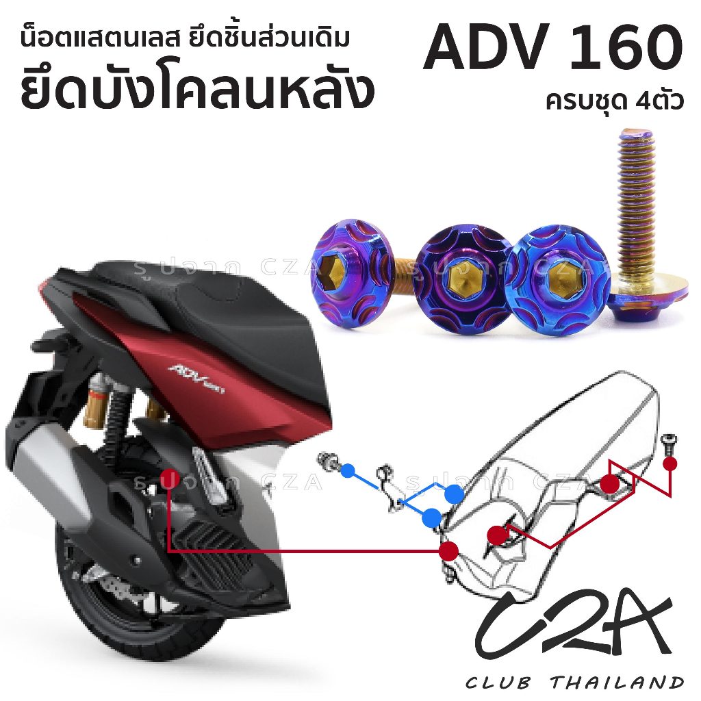 ชุดน็อตเลส ยึดบังโคลนหลัง ตัวใน เดิม ADV160 งานสแตนเลส ชุดสี ADV160 งานเลสแท้ ราคาชุด 4 ตัว