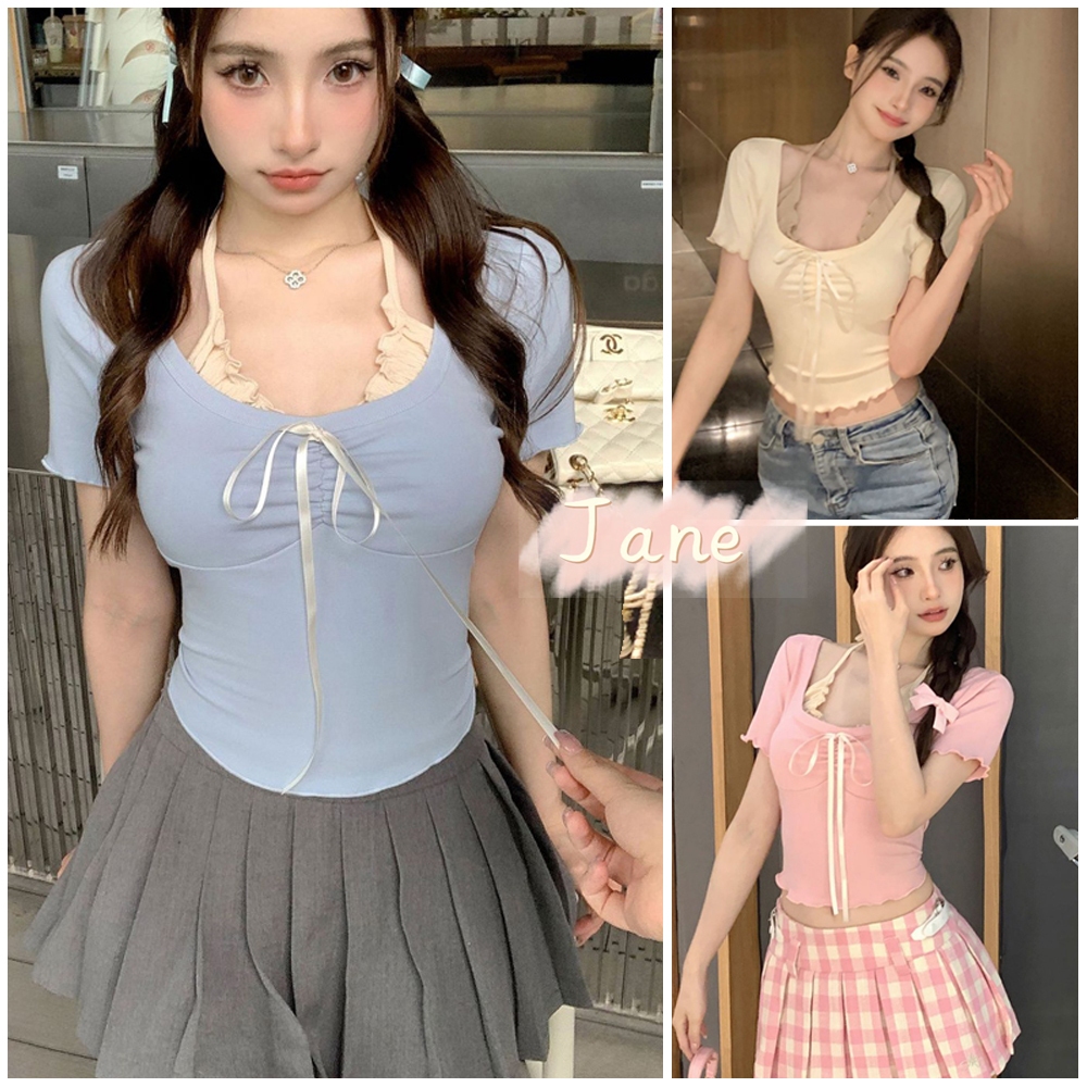 ปลอมสองชิ้นแขนสั้นเสื้อยืดผู้หญิงบางกระชับสั้นด้านบนนัวเนียขอบแขวนคอด้านบน JN