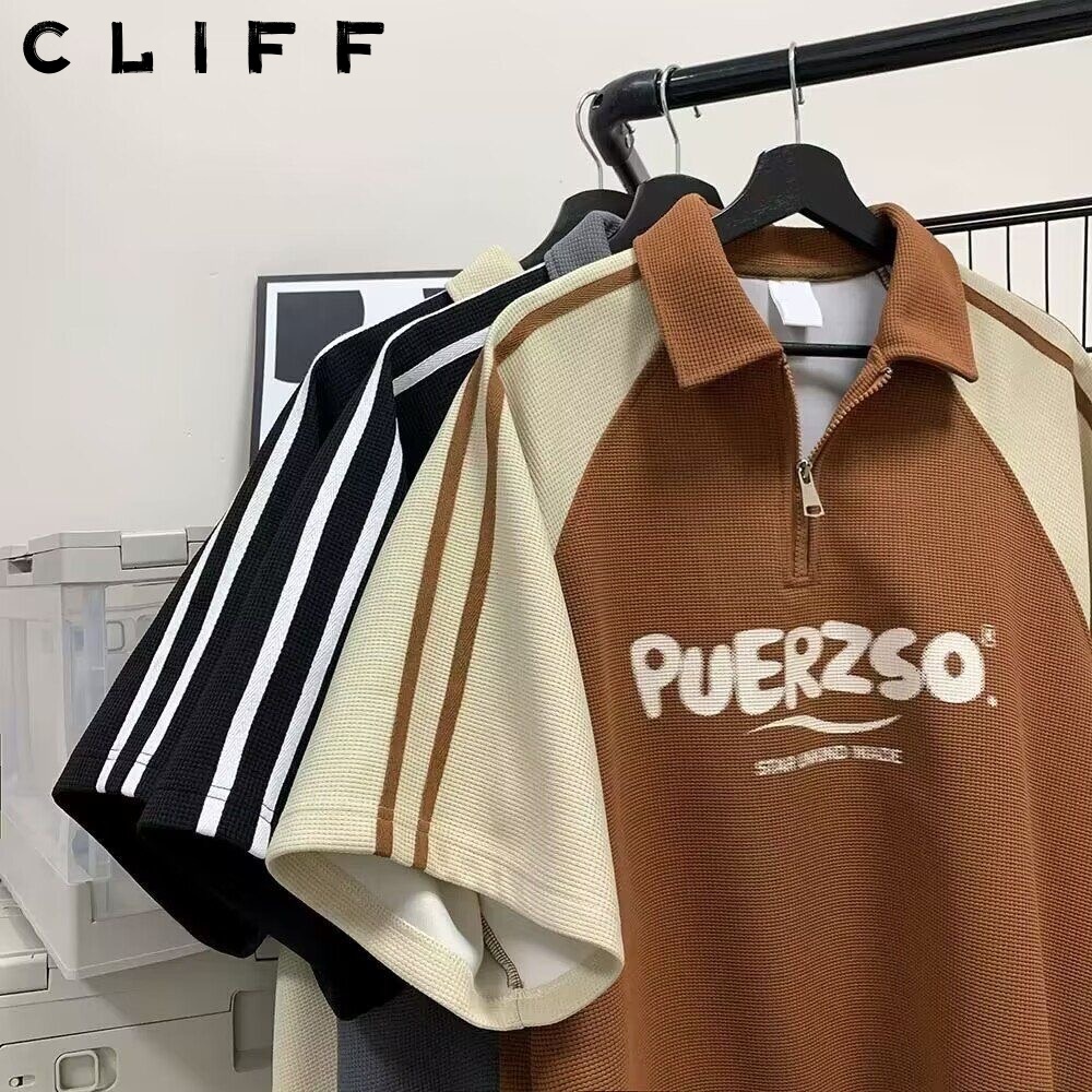CLIFF -COD✅เสื้อโปโลผู้ชาย ผ้าวาฟเฟิลด์ แขนสั้นคอปก แนววินเทจ สไตล์อเมริกัน ชุดคู่รัก