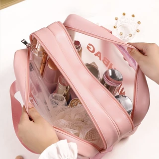 กระเป๋าเครื่องสําอาง PVC แบบใส กันน้ํา แบบพกพา ความจุขนาดใหญ่ สไตล์เกาหลี สําหรับผู้หญิง
