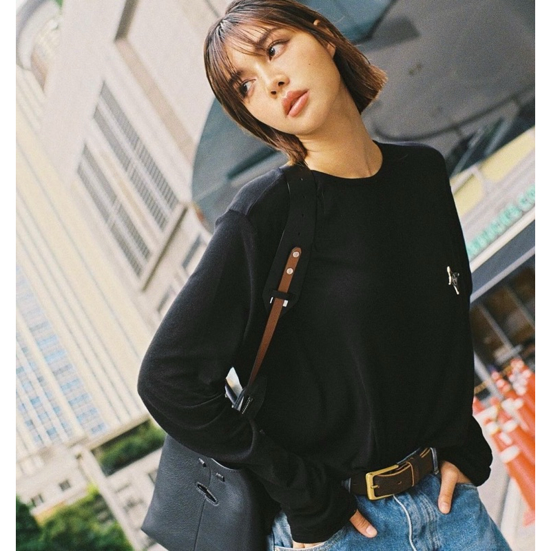 Twotwice - Loose Long Sleeve T-shirt - Tencel and wool ดำ ครีมพร้อมส่ง