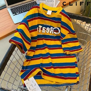 CLIFF -COD✅เสื้อยืดผู้ชาย ขอบลายสี คอกลมแขนสั้น ชุดคู่รัก แมทช์ลุคง่าย แบบหลวม ลำลอง