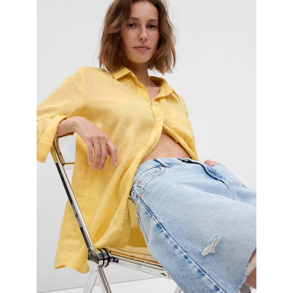 Gap Linen oversize boyfriend shirt เสื้อเชิ้ต ทรง Oversize ผ้าลินิน น่ารักกก สีเหลือง