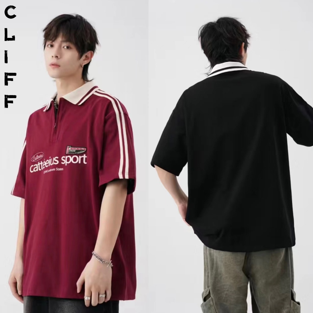 CLIFF เสื้อโปโลผู้ชาย เสื้อสตรี ชุดคู่รัก แขนสั้นคอปก เย็บลายทาง รุ่นซิป