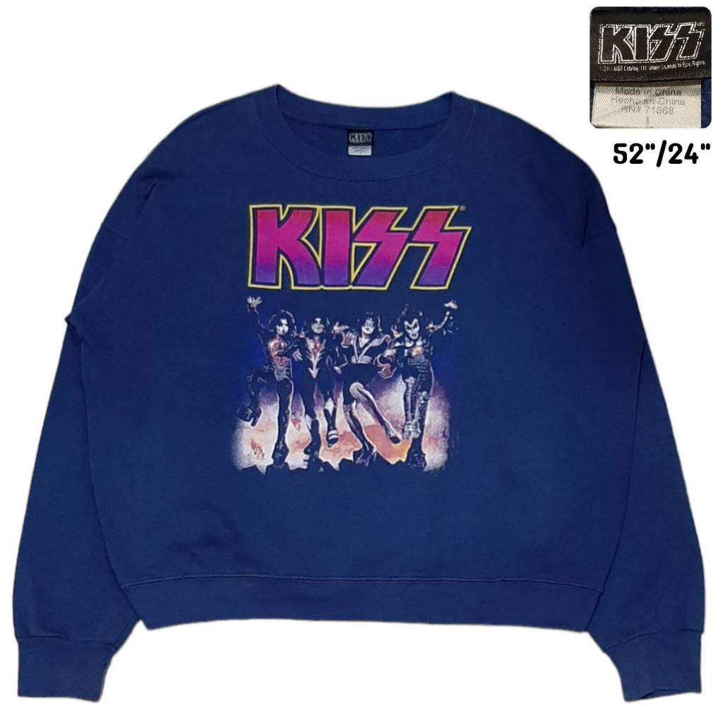 KISS BRAND เสื้อสเวตเตอร์แขนยาว เสื้อวงคิดส์ เสื้อวง สีกรม ป้ายคอไซส์ L มือสอง สภาพดี