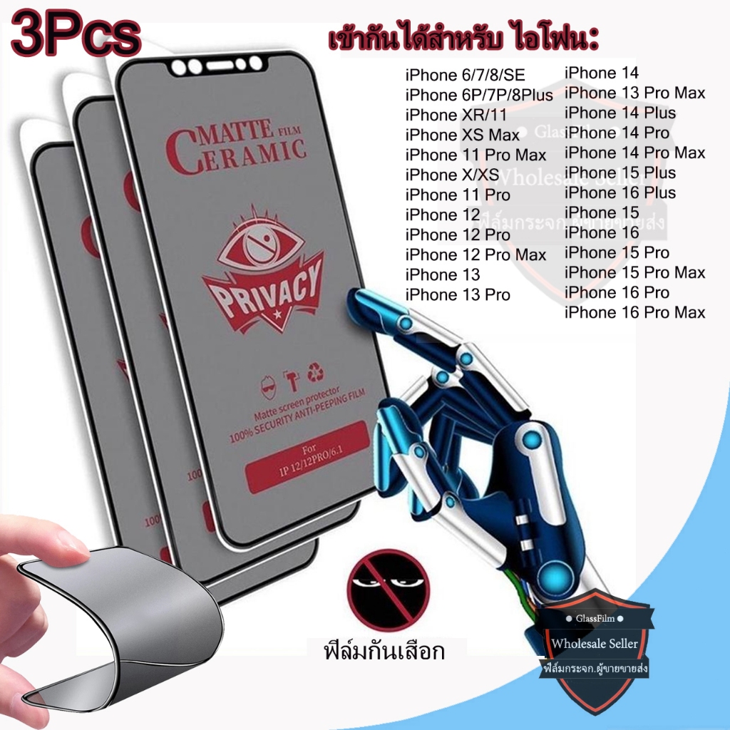3Pcs เต็มจอ ฟิล์มกันเสือก ไอโฟน 15 pro max ฟิล์มเซรามิก สำหรับ iPhone 13 11 12 14 16 Pro Max XR 6 7 8 Plus X XSMax 7P 8P