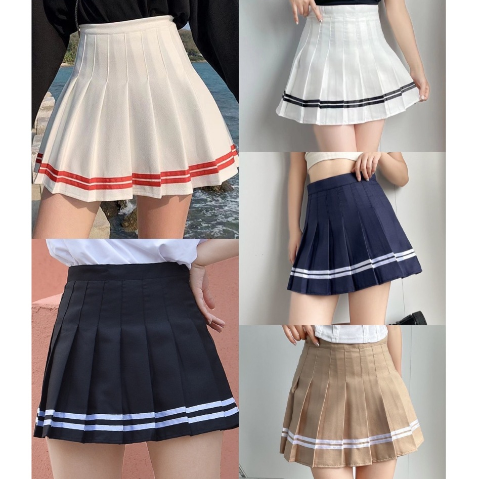 kkกระโปรงเทนนิสมีแถบ กระโปรงพลีทสีพื้นมีแถบหลากสี เอวสูงอัดกลีบแบบสั้น