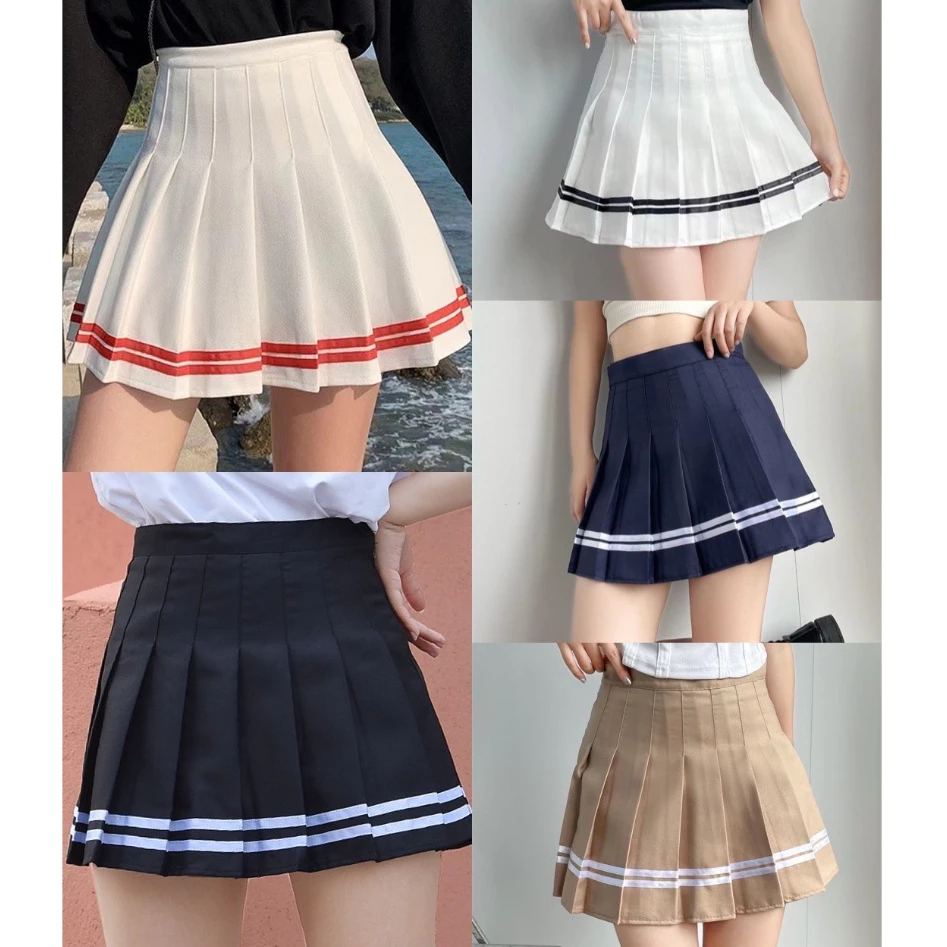 kkกระโปรงเทนนิสมีแถบ กระโปรงพลีทสีพื้นมีแถบหลากสี เอวสูงอัดกลีบแบบสั้น