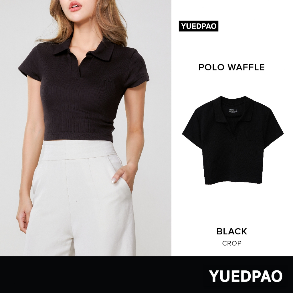 Yuedpao Polo Crop Waffle ผ้าหนาทรงสวย ยับยากรีดง่าย เสื้อยืดเปล่า เสื้อครอปโปโล สี Black