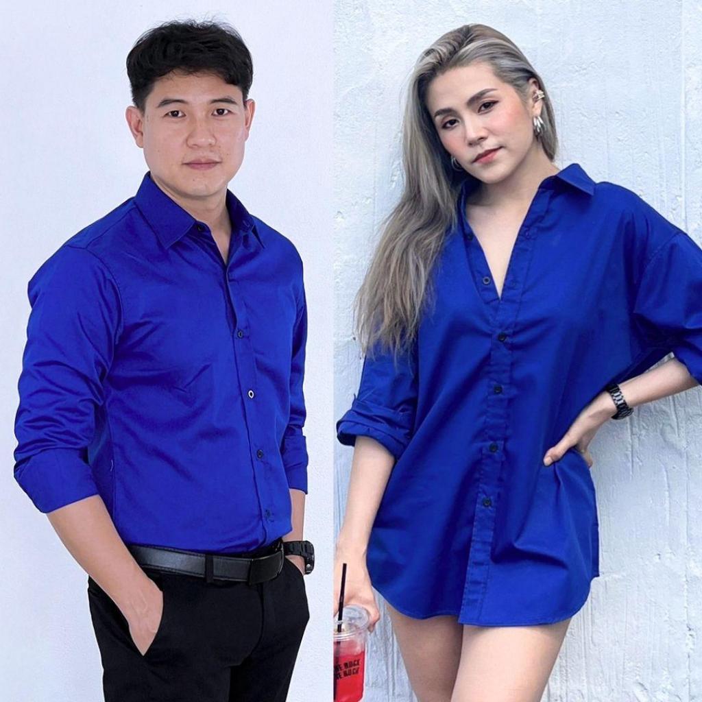 takayay brand เสื้อเชิ๊ต สีรอยัลบลู 36-54 นิ้ว เสื้อเชิ้ตสีสด ผ้าคอตตอนทวิล