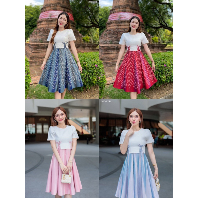 N681 ชุดเดรสผ้าทอลายเนื้อฝ้าย คอกลม แต่งโบว์ผูก2ข้าง กระโปรง8ชิ้น สวยดูแพงมากค๊า ซิปซ่อนด้านห