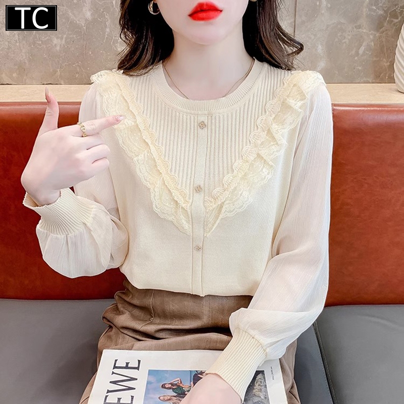 TC แฟชั่นเกาหลีใหม่ ลูกไม้เย็บตาข่ายท็อปส์ไหมพรมแขนยาว รุ่นM1666