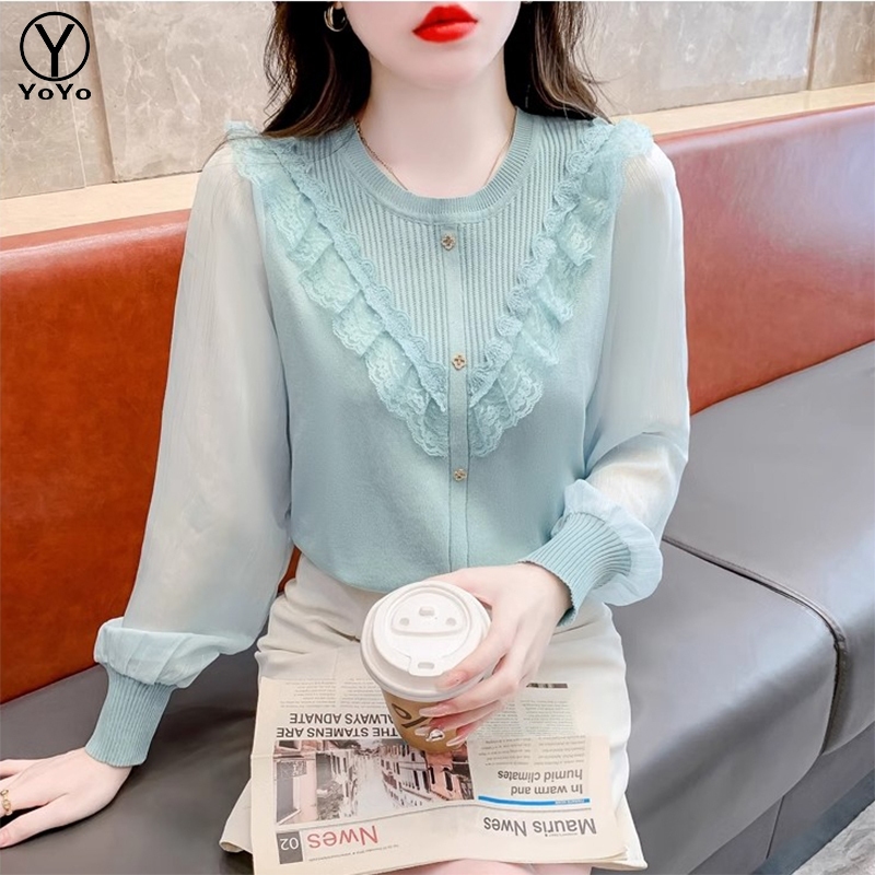 YOYO เสื้อคลุมไหมพรม ส์แขนพองลูกไม้ของผู้หญิง แฟชั่นเกาหลี รุ่นM1666