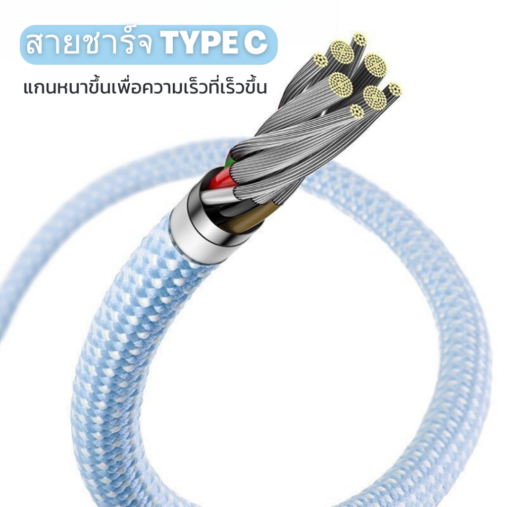 สายชาร์จ Type-C พาร์ทเทล 60W 1 เมตรรับแรงกระชากได้สูง ป้องกันการสายพันกันป้องกันการบิดหักเสียหาย