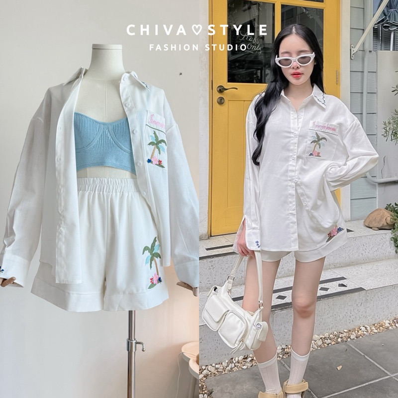 -𝐂𝐡𝐢𝐯𝐚- พร้อมส่ง Coconut linen set | เซ็ตเสื้อเชิ้ตแขนยาว+กางเกง ผ้าลินิน งานปักทั้งตัว