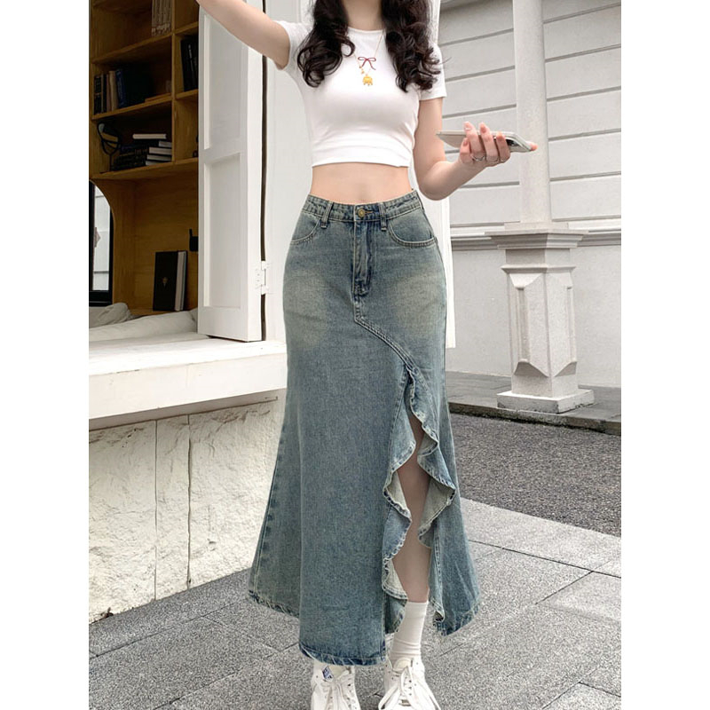 จัดส่งภายใน 24 ชั่วโมง RetroHotGirlDENIMกระโปรงผู้หญิงฤดูร้อนเอวสูงสะโพกSlimหยักFishtailกระโปรง