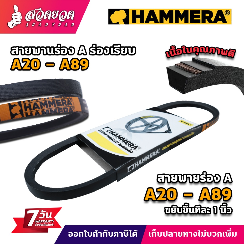 สายพาน ร่องA มีขนาดตั้งแต่เบอร์ A20 - A89 ยี่ห้อ HAMMERA ของแท้100% สายพานการเกษตร อุตสาหกรรม รับประกัน 7 วัน สวดยวด