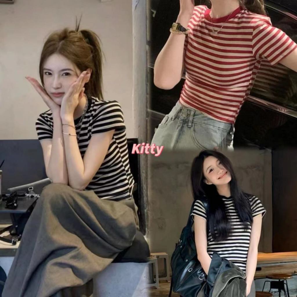 Kitty.พร้อมส่ง เสื้อยืดแฟชั่น เสื้อยืด แขนสั้น ผ้าฝ้าย ลายทาง เรียบง่าย สไตล์เกาหลี สําหรับผู้หญิง สําหรับผู้หญิง