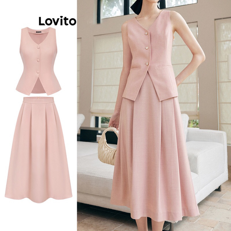 Lovito ชุดเซตกระโปรง เสื้อ สีชมพู