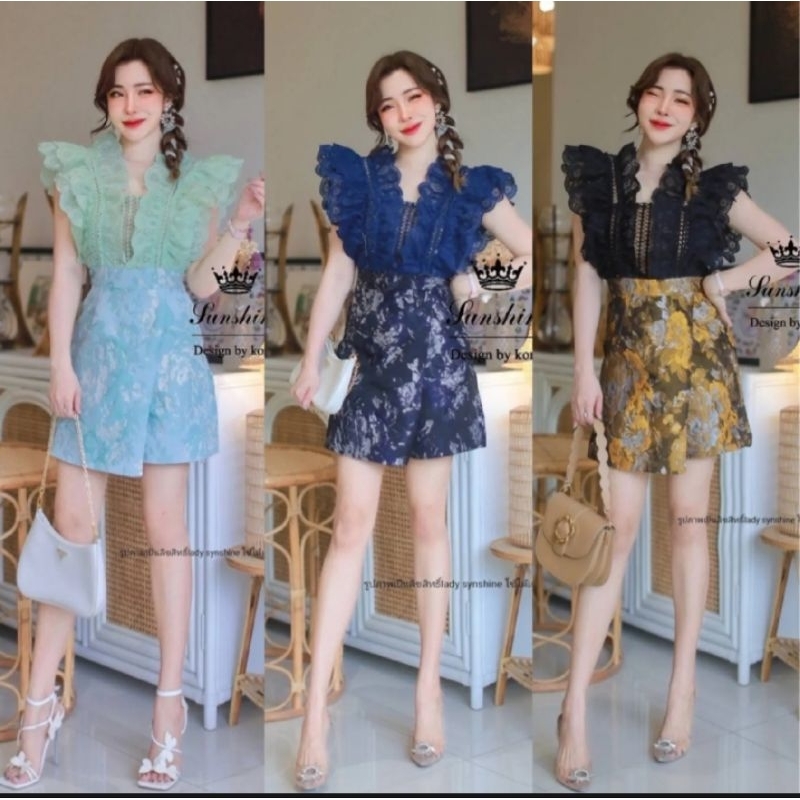 735💘ฟ้าเขียวมี2xl,3xl,4xl[ปกติ]จั๊มขาสั้นกางเกงกระโปรงผ้าทอ
