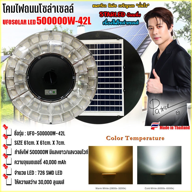 ไฟโซล่าเซลล์!! SUPER UFO-500000W-42L-W แสงขาว แบตเตอรี่ 40,000 mAh โคมถนน สินค้าโซล่าเซลล์ โคมไฟพลังงานแสงอาทิตย์100%