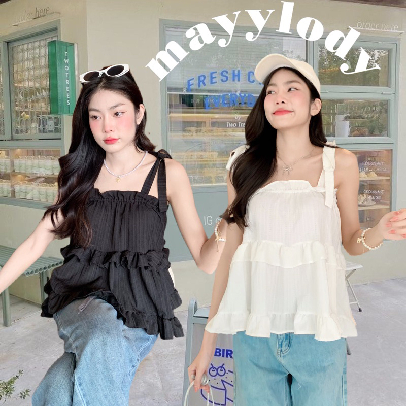 ❤️mayylody❤️ เสื้อสายเดี่ยว สไตล์เกาหลี ผูกโบว์ไหล่ เเต่งระบายฟูฟู น่ารักสุดๆ 🎀🎀🎀 ผ้าเปลือกไม้นุ่มฟู อกถึง-38 นิ้ว