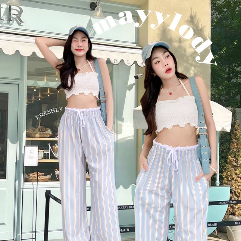 ❤️mayylody❤️ Cheesy Pants กางเกงขายาวขอบชีส เอวสูง เอวได้ถึง- 36 นิ้ว ลายริ้วเกาหลี 🎀🎀🎀 กางเกงขายาว กางเกงเอวสูง กางเกง