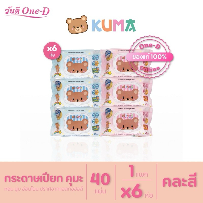KUMA ทิชชู่เปียก คุมะ รุ่นฝาปิด40แผ่น​ : 6ห่อ (คละสี)