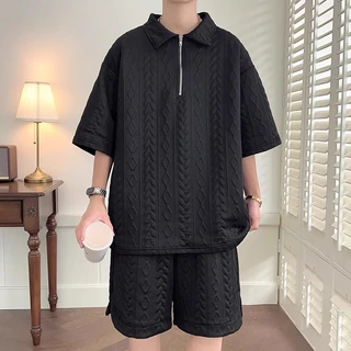 เซตเสื้อโปโลครึ่งซิป กางเกงขาสั้น ผ้าลายถักนูน 2 ชิ้น ผู้ชาย สไตล์มินิมอล ฤดูร้อนใส่สบาย