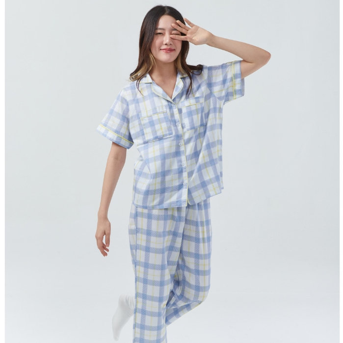 ชุดนอน sliptosleep - Blue Grids Pants Set