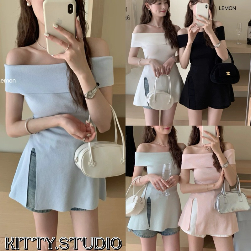 Kitty.พร้อมส่ง เสื้อไหมพรมเปิดไหล่ เสื้อแฟชั่นผู้หญิง เซ็กซี่ ครอปรัดรูป y2k ดีเทลปลายปล่อยแหวกข้าง ผ่าข้าง ชุดไปทะเล