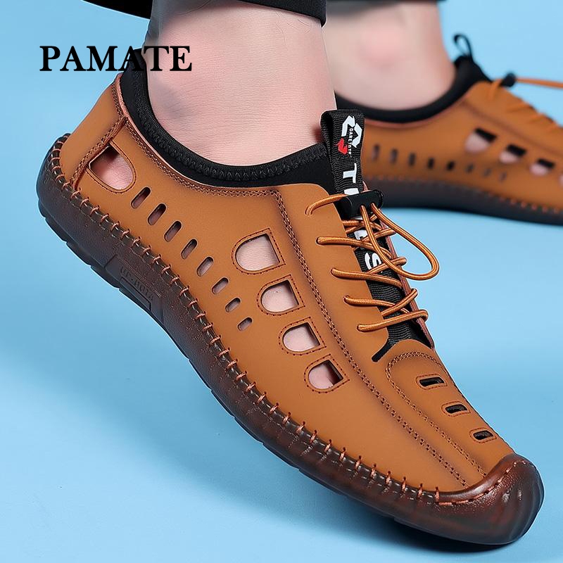PAMATE รองเท้ารุ่นใหม่สำหรับผู้ชาย แบบโปร่งระบายอากาศ พื้นนุ่มกันลื่น รองเท้าแตะทำด้วยมือใส่สบาย สำหรับใส่ไปข้างนอก
