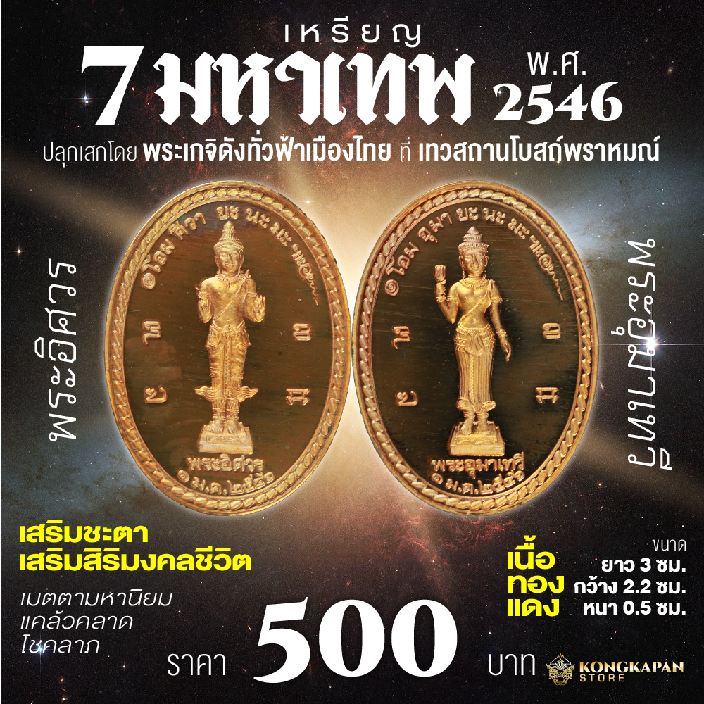 เหรียญ 7 มหาเทพ รุ่น สุข ชนะ สำเร็จ ปี พ.ศ. 2546