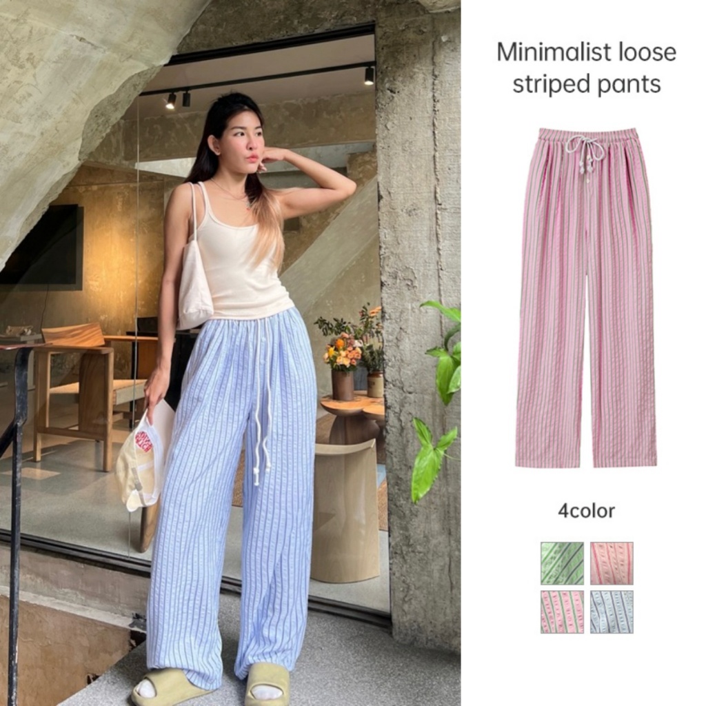 พร้อมส่ง กางเกงขาวยาวลายทางผ้า COTTON ขากระบอกใหญ่ LIVE