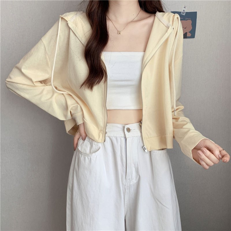 เสื้อคลุมแขนยาวผู้หญิงมีฮู้ด oversize เสื้อผ้าแฟชั่นสไตล์เกาหลี สวมใส่สบาย เสื้อกันแดด ครอปสีพื้น โอเวอร์ไซส์ น้ำหนักเบา รูปที่ 8