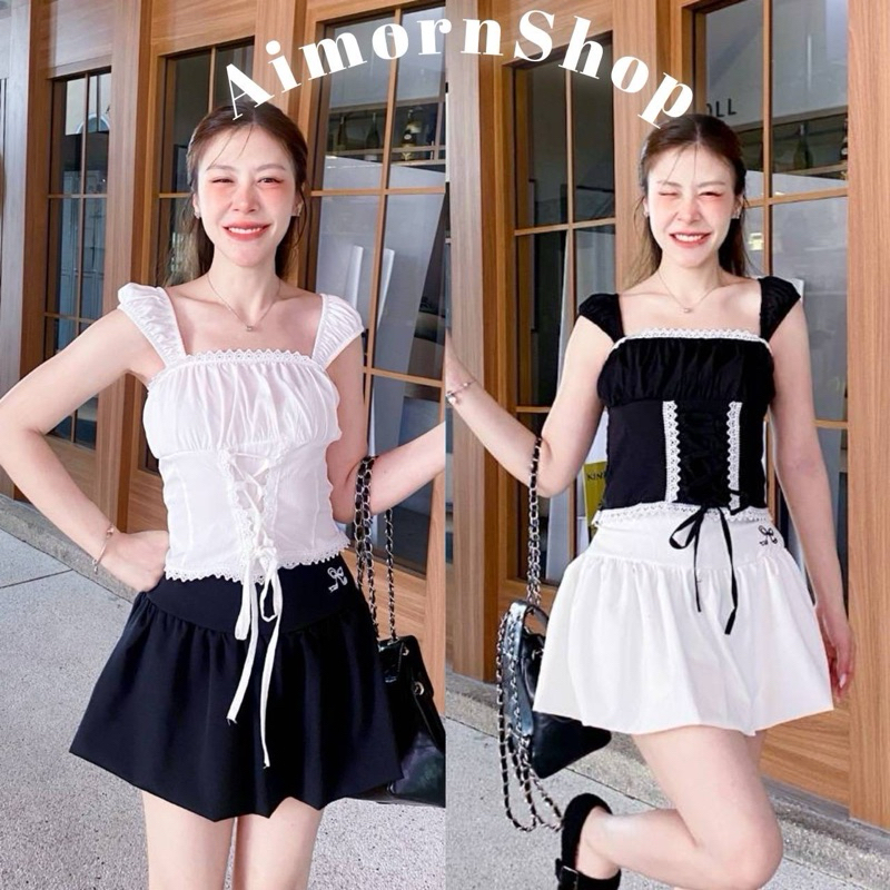 aimorn_shop เสื้อกล้าม แต่งขอบลูกไม้ ทรงเจ้าหญิง มีเชือกปรับขนาดให้เข้ารูปด้านหน้างานน่ารักมาก