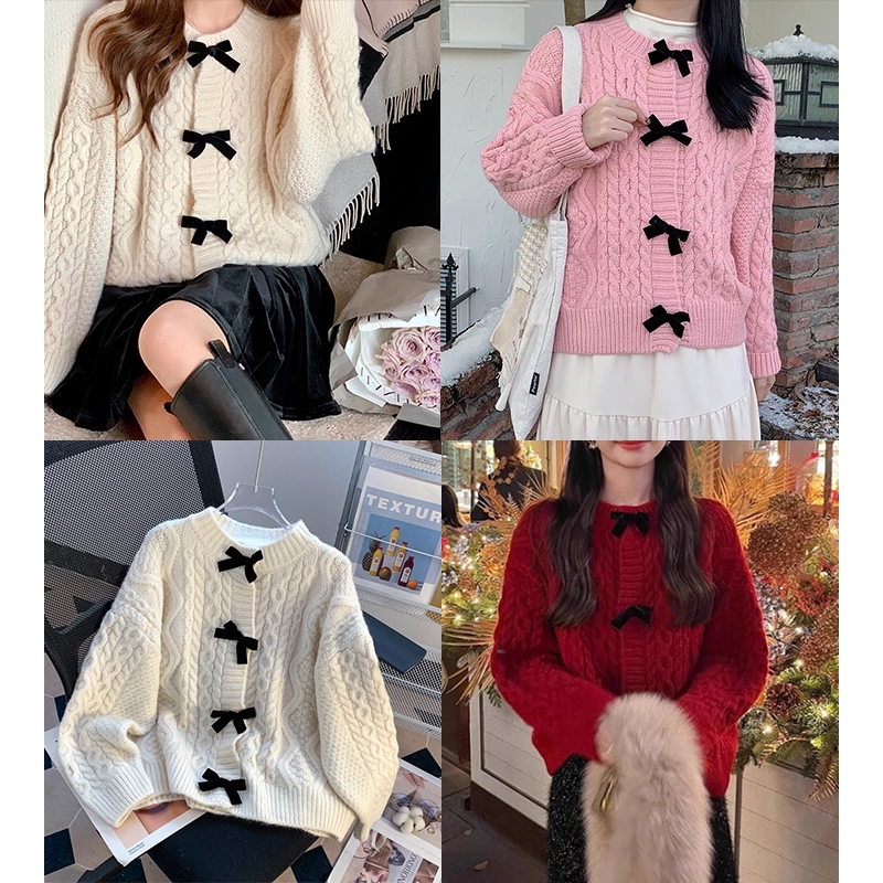 สีสวยมากๆ เสื้อคาร์ดิแกน แต่งโบว์ กระดุมหน้าใช้งานได้จริง ทรงหลวม สามมิติ สไตล์เกาหลี น่ารัก
