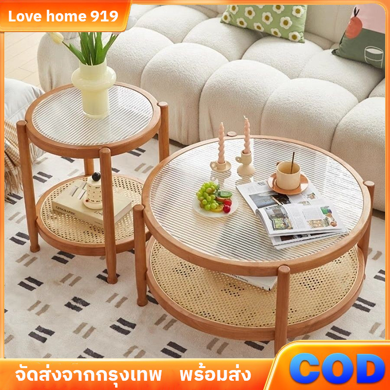 🔥พร้อมส่ง🔥โต๊ะวางของ โต๊ะกลม  โต๊ะกาแฟ  โต๊ะกลางโซฟา ไม้และกระจกรวมกัน เฟอร์นิเจอร์มินิมอล ชั้นวางของประหยัดพื้นที่