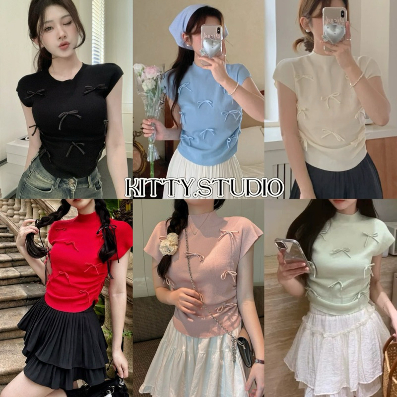 Kitty พร้อมส่ง เสื้อยืดไหมพรม คอกลม 5สี สไตล์เกาหลี เสื้อยืดผู้หญิง คอกลม ติดโบว์น่ารักมาก เสื้อแฟชั่น