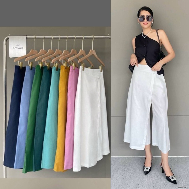 กางเกงกระโปรงทรงป้ายหน้าขายาว6ส่วนเอวสูงติดกระดุมทรงสวยผ้าลินินฟรีไซส์